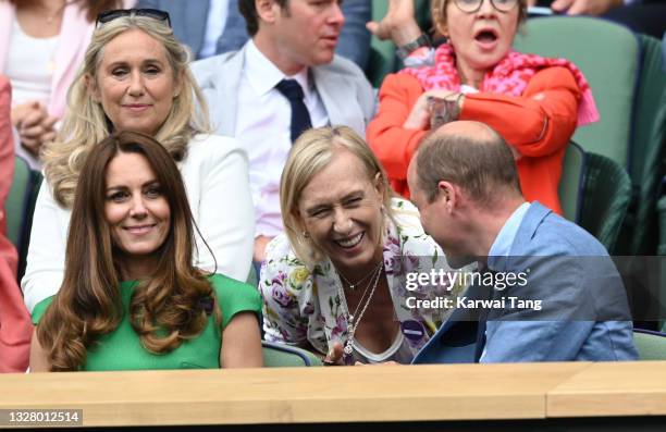 Catherine, Duchess of Cambridge, Martina Navratilova and Prince William, Duke of Cambridge attend day 12 of the Wimbledon Tennis Championships at the...