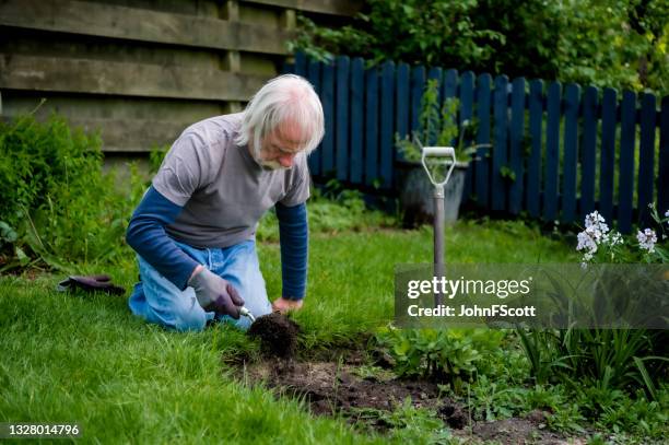 un retraité actif creuse dans son jardin - creuser photos et images de collection