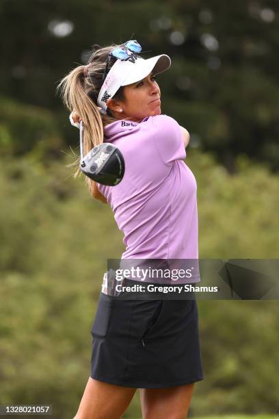 Gerina Piller watches her tee shot on the seventh hole during the third round of the Marathon LPGA Classic presented by Dana at Highland Meadows Golf...