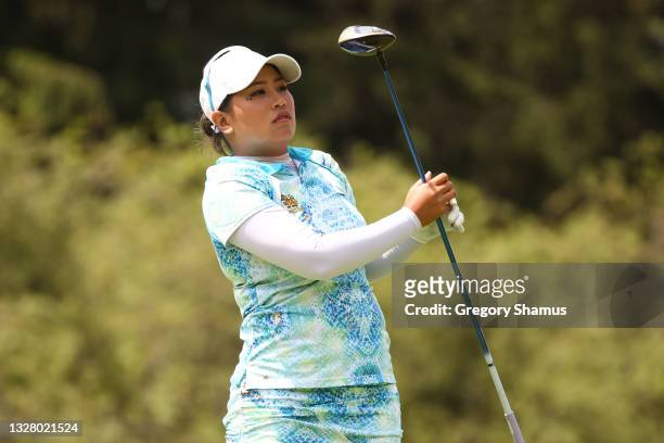 Jasmine Suwannapura of Thailand watches her tee shot on the seventh hole during the third round of the Marathon LPGA Classic presented by Dana at...