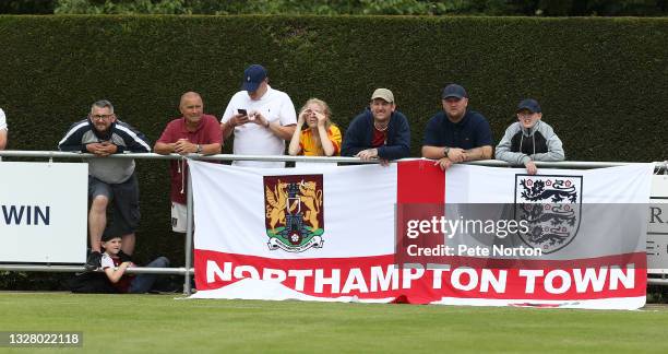 Northampton Town fans look on during the Pre-Season Friendly match between Sileby Rangers and Northampton Town at Fernie Fields on July 10, 2021 in...