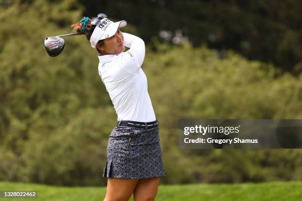 Su Oh of Australia watches her tee shot on the seventh hole during the third round of the Marathon LPGA Classic presented by Dana at Highland Meadows...