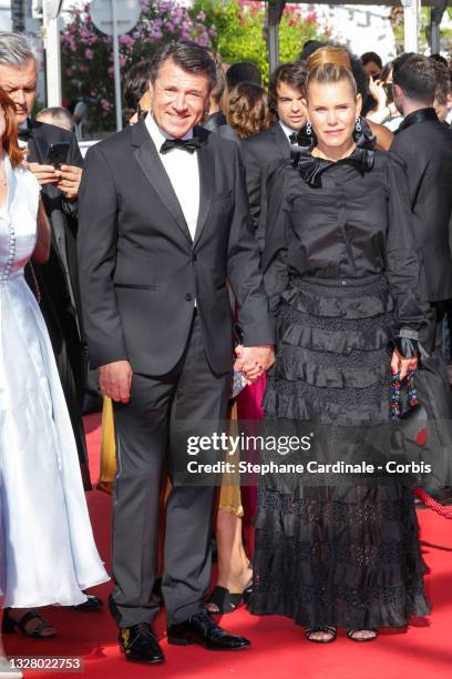 Christian Estrosi and Laura Tenoudji Estrosi attend the "De Son Vivant " screening during the 74th annual Cannes Film Festival on July 10, 2021 in...