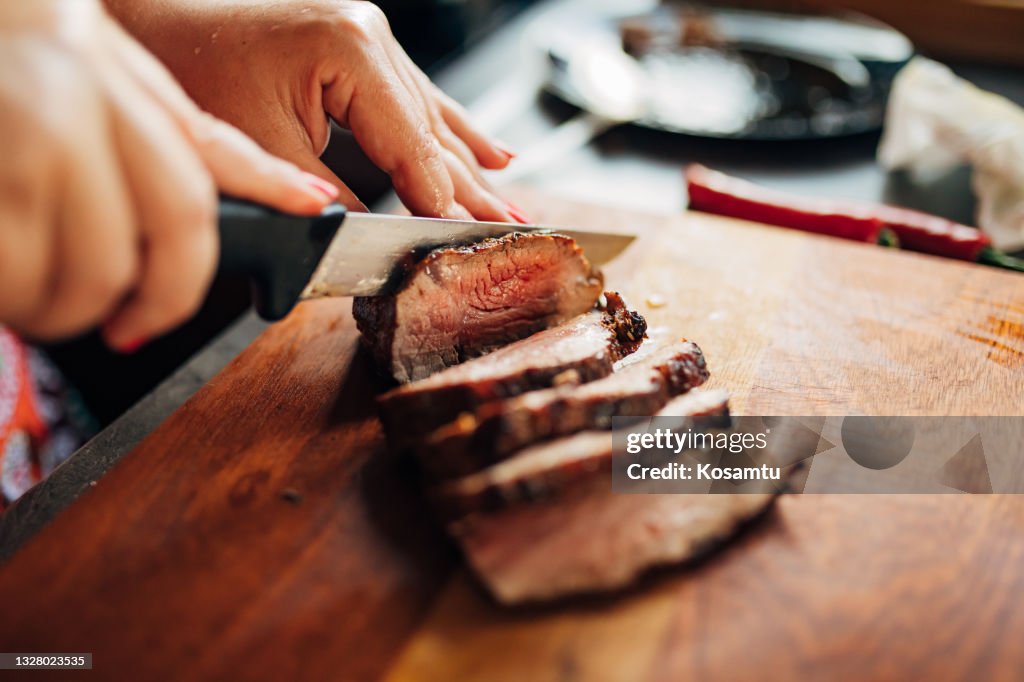 Perfect and juicy medium rare sirloin steak