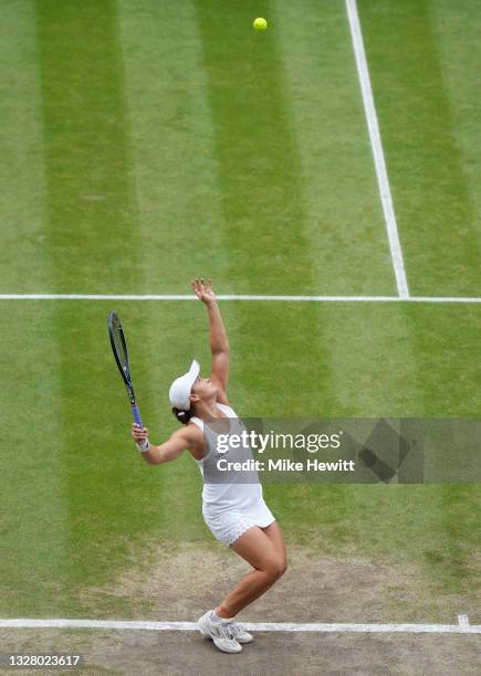 Ashleigh Barty of Australia serves during her Ladies' Singles Final match against Karolina Pliskova of The Czech Republic on Day Twelve of The...