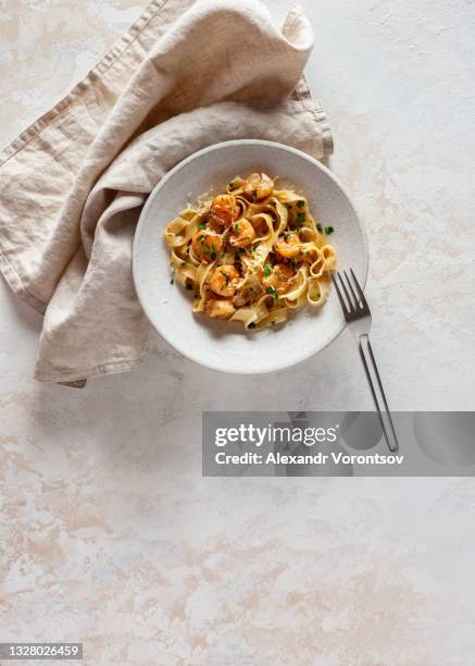 fettuccine with shrimps - parmesan cheese overhead stock pictures, royalty-free photos & images