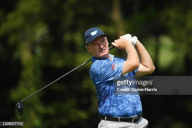 Ernie Els of South Africa plays his shot from the fourth tee during the third round of the U.S. Senior Open Championship at the Omaha Country Club on...