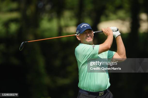 Lee Janzen plays his shot from the fourth tee during the third round of the U.S. Senior Open Championship at the Omaha Country Club on July 10, 2021...