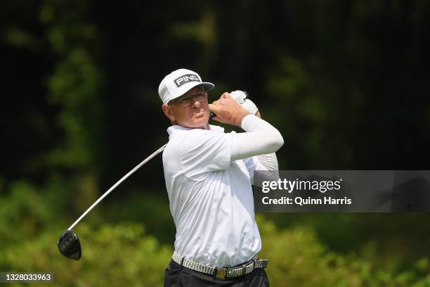 Peter Fowler of Australia plays his shot from the fourth tee during the third round of the U.S. Senior Open Championship at the Omaha Country Club on...