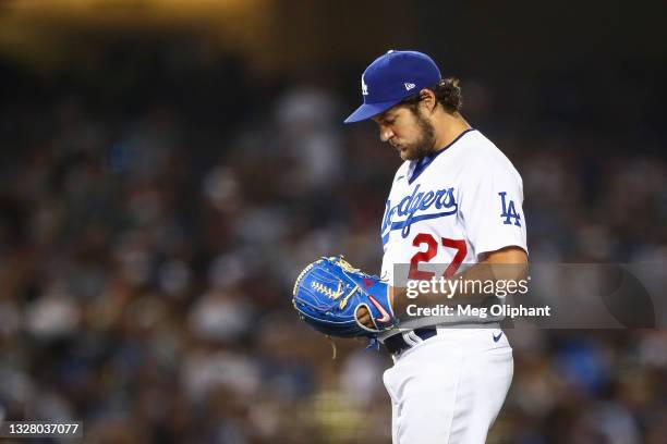 Trevor Bauer of the Los Angeles Dodgers pitches in the sixth inning against the San Francisco Giants at Dodger Stadium on June 28, 2021 in Los...