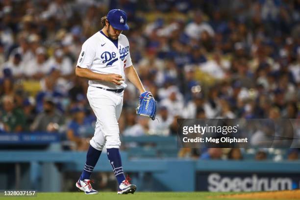 Trevor Bauer of the Los Angeles Dodgers walks to the pitching mound during the sixth inning against the San Francisco Giants at Dodger Stadium on...