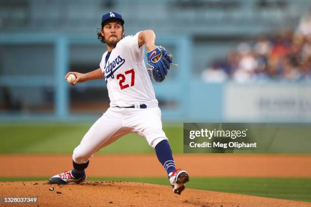 Trevor Bauer of the Los Angeles Dodgers throws the first pitch of the game against the San Francisco Giants at Dodger Stadium on June 28, 2021 in Los...