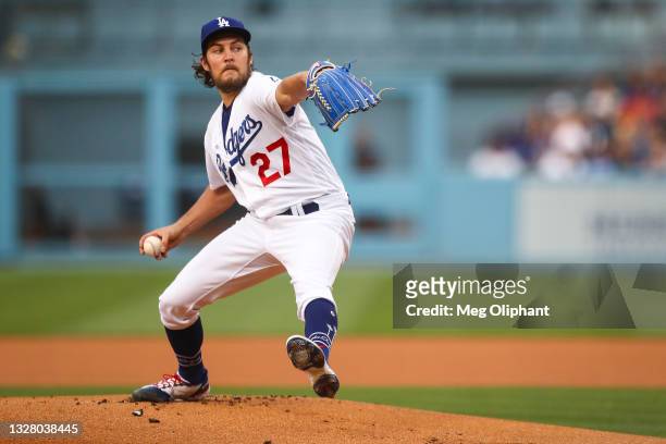 Trevor Bauer of the Los Angeles Dodgers throws the first pitch of the game against the San Francisco Giants at Dodger Stadium on June 28, 2021 in Los...