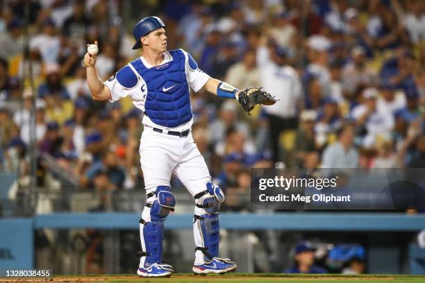 Will Smith of the Los Angeles Dodgers catches for a third out in the fifth inning against the San Francisco Giants at Dodger Stadium on June 28, 2021...