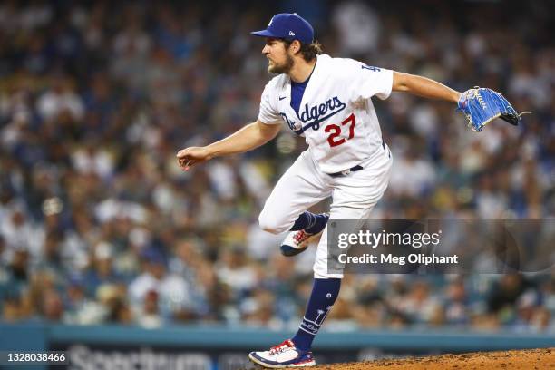 Trevor Bauer of the Los Angeles Dodgers pitches in the sixth inning against the San Francisco Giants at Dodger Stadium on June 28, 2021 in Los...