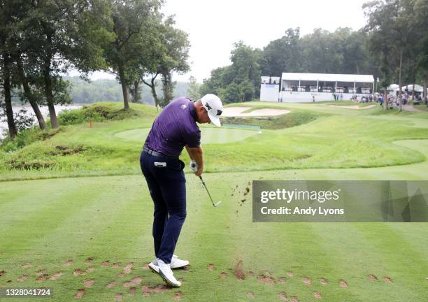 Luke List plays his shot from the 16th tee during the third round of the John Deere Classic at TPC Deere Run on July 10, 2021 in Silvis, Illinois.