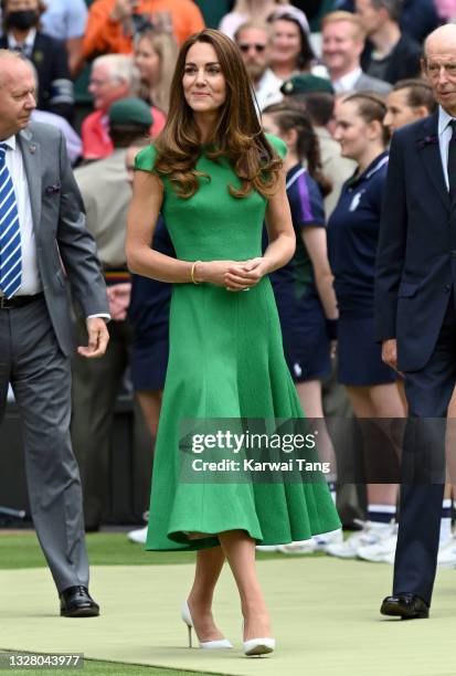 Catherine, Duchess of Cambridge attends day 12 of the Wimbledon Tennis Championships at the All England Lawn Tennis and Croquet Club on July 10, 2021...