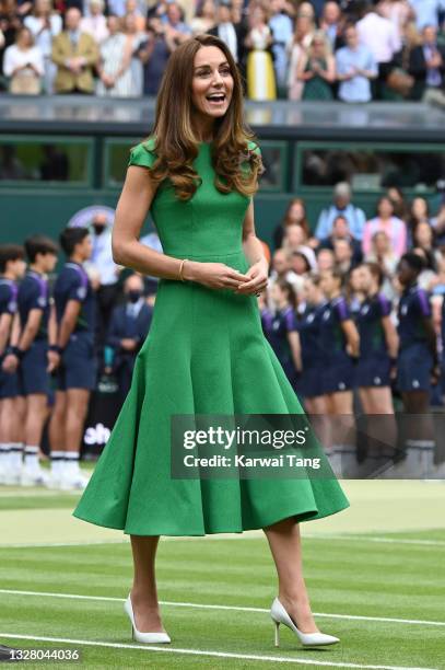 Catherine, Duchess of Cambridge attends day 12 of the Wimbledon Tennis Championships at the All England Lawn Tennis and Croquet Club on July 10, 2021...