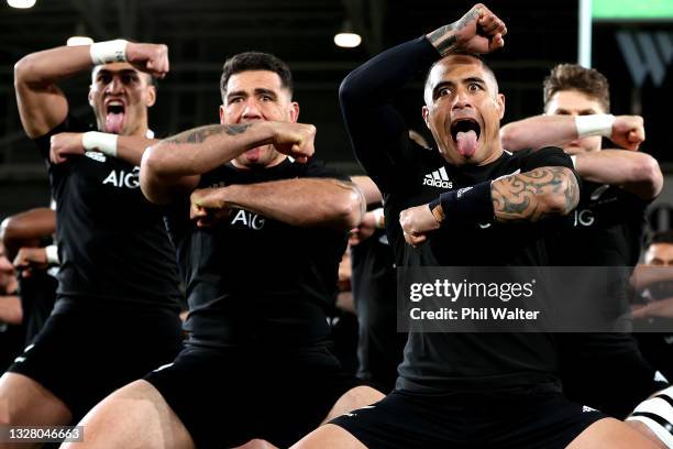 Aaron Smith of the All Blacks fronts the haka during the International Test Match between the New Zealand All Blacks and Fiji at Forsyth Barr Stadium...