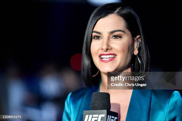 Megan Olivi is seen presenting a feature during the UFC 264 event at T-Mobile Arena on July 10, 2021 in Las Vegas, Nevada.