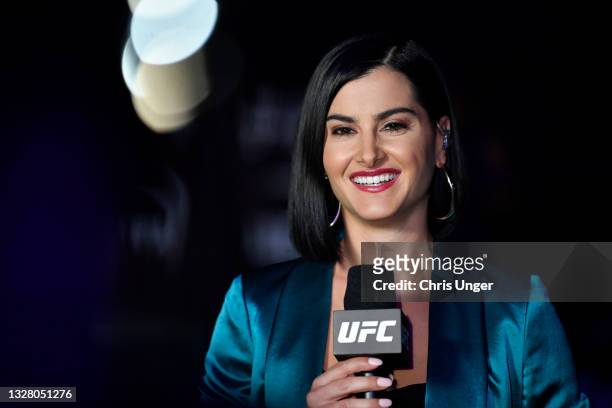 Megan Olivi is seen presenting a feature during the UFC 264 event at T-Mobile Arena on July 10, 2021 in Las Vegas, Nevada.