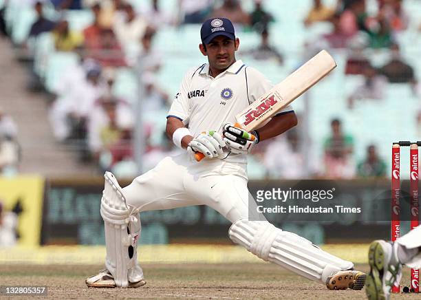 Indian batsman Gautam Gambhir in action during the first day of second Test match between India and West Indies at Eden Gardens stadium on November...