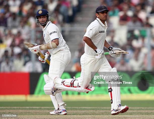 Indian batsmen Rahul Dravid and VVS Laxman running between the wickets in course of their partnership during the first day of second Test match...