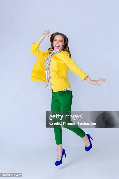 happy woman jumping - business woman full body isolated stock pictures, royalty-free photos & images