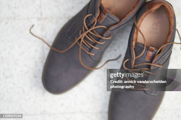 dark grey-brown shoes - suede shoe stock-fotos und bilder