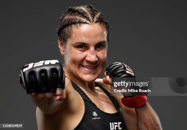 Jennifer Maia of Brazil poses for a portrait after her victory during the UFC 264 event at T-Mobile Arena on July 10, 2021 in Las Vegas, Nevada.