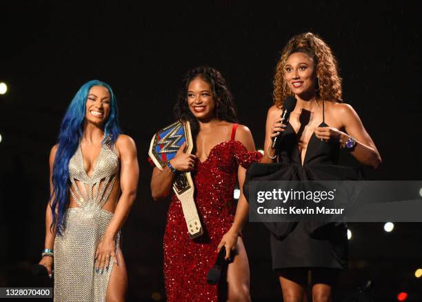 Sasha Banks, Bianca Belair and Ally Love speak onstage during the 2021 ESPY Awards at Rooftop At Pier 17 on July 10, 2021 in New York City.