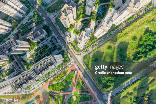 directly above the downtown district. - aerial park stock pictures, royalty-free photos & images