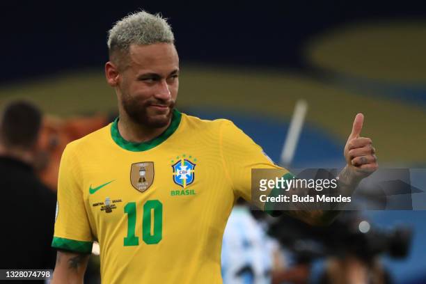 Neymar Jr. Of Brazil gives a thumb up as he reacts after losing the the final of Copa America Brazil 2021 between Brazil and Argentina at Maracana...