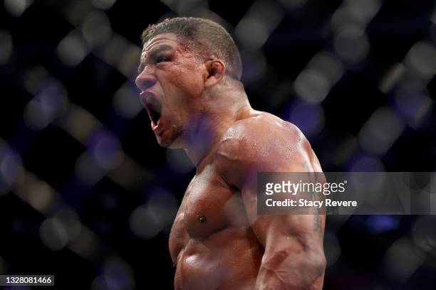 Gilbert Burns of Brazil reacts after winning his welterweight match against Stephen Thompson by unanimous decision during UFC 264: Poirier v McGregor...