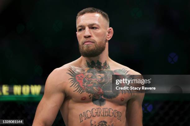 Conor McGregor of Ireland walks in the octagon before his lightweight bought against :Dustin Poirier during UFC 264: Poirier v McGregor 3 at T-Mobile...