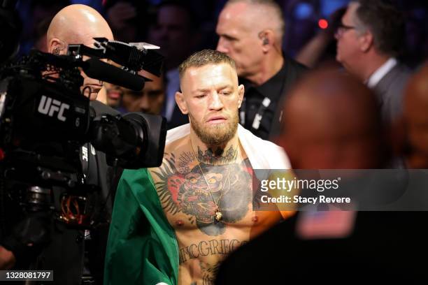 Conor McGregor of Ireland walks through the arena before his lightweight bought against Dustin Poirier during UFC 264: Poirier v McGregor 3 at...