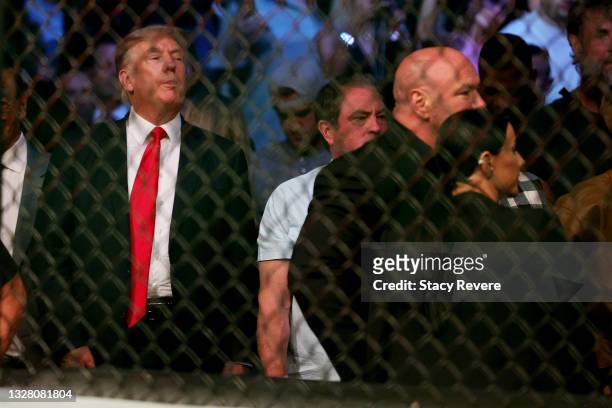 Former U.S. President Donald Trump looks on during UFC 264: Poirier v McGregor 3 at T-Mobile Arena on July 10, 2021 in Las Vegas, Nevada.