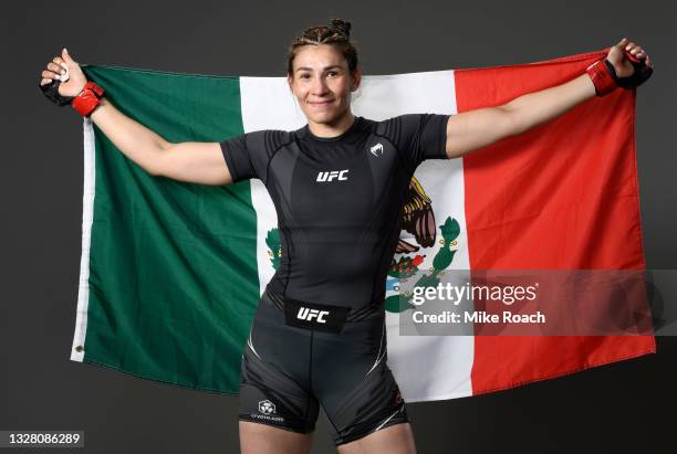 Irene Aldana of Mexico poses for a portrait after her victory during the UFC 264 event at T-Mobile Arena on July 10, 2021 in Las Vegas, Nevada.