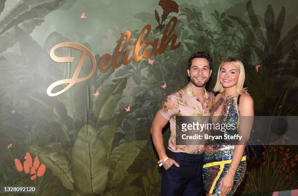 Skylar Astin and Lisa Stelly attends h.wood Group's grand opening of Delilah at Wynn Las Vegas on July 10, 2021 in Las Vegas, Nevada.