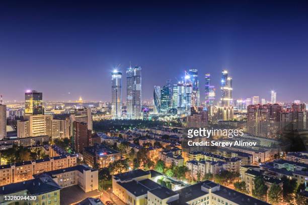 night summer cityscape of modern city - moscow international business center stock pictures, royalty-free photos & images