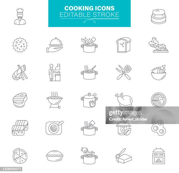 cooking icons editable stroke. contains such icons as restaurant, food, frying pan, boiling - soup bowl illustration stock illustrations