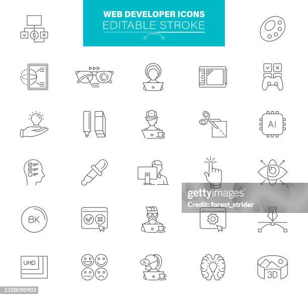 bearbeitbare kontur für webentwicklersymbole. enthält symbole wie mobile software, app ux, data analytics, startup - testfahrt stock-grafiken, -clipart, -cartoons und -symbole