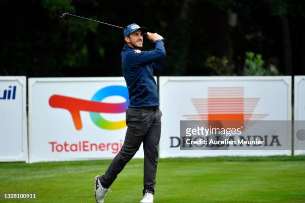 Scott Fernandez of Spain pays his first shot on the 1st hole during Day Four of Le Vaudreuil Golf Challenge at Golf PGA France du Vaudreuil on July...