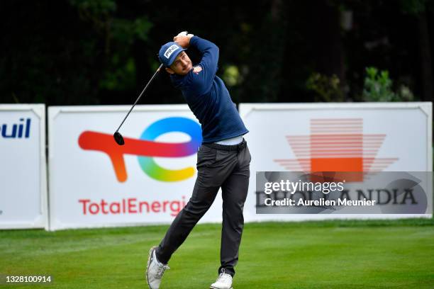 Scott Fernandez of Spain pays his first shot on the 1st hole during Day Four of Le Vaudreuil Golf Challenge at Golf PGA France du Vaudreuil on July...