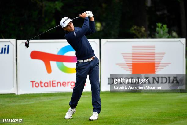 Jean Bekirian of France pays his first shot on the 1st hole during Day Four of Le Vaudreuil Golf Challenge at Golf PGA France du Vaudreuil on July...