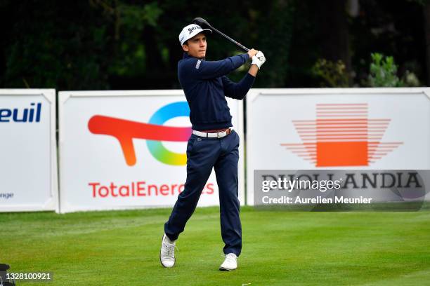 Jean Bekirian of France pays his first shot on the 1st hole during Day Four of Le Vaudreuil Golf Challenge at Golf PGA France du Vaudreuil on July...