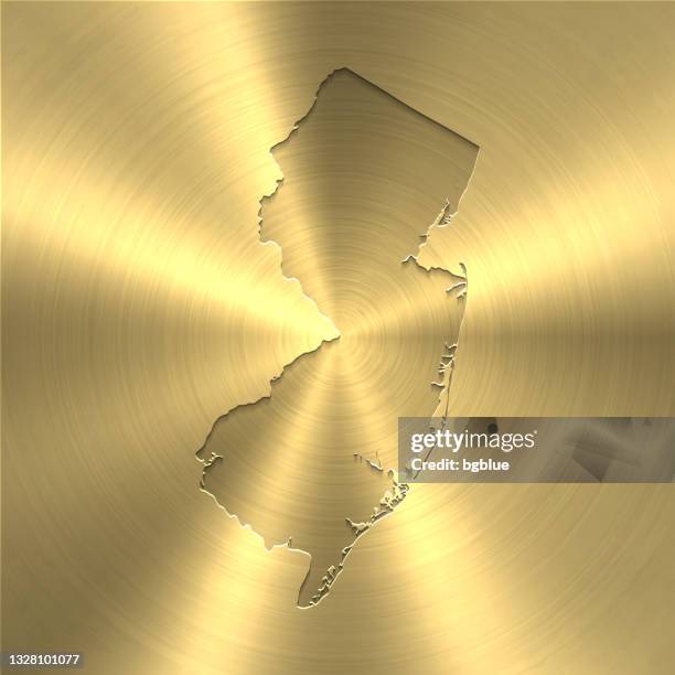 ilustrações de stock, clip art, desenhos animados e ícones de new jersey map on gold background - circular brushed metal texture - trenton new jersey