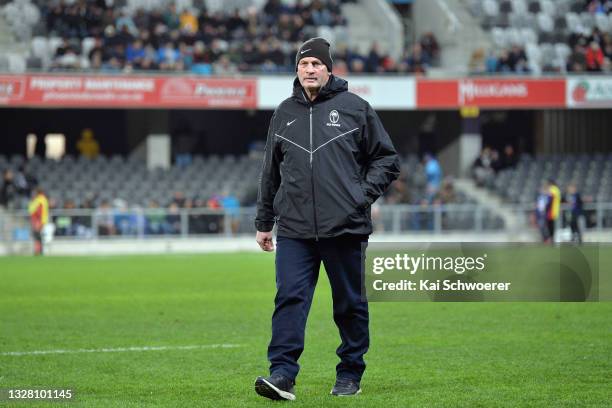 Head Coach Vern Cotter of Fiji looks on prior to the International Test Match between the New Zealand All Blacks and Fiji at Forsyth Barr Stadium on...