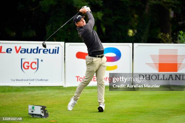 Nick McCarthy of England pays his first shot on the 1st hole during Day Four of Le Vaudreuil Golf Challenge at Golf PGA France du Vaudreuil on July...