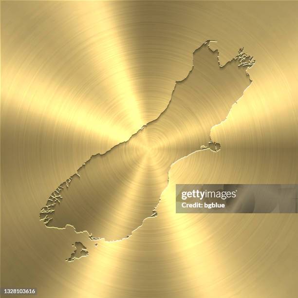 south island map on gold background - circular brushed metal texture - christchurch new zealand stock illustrations